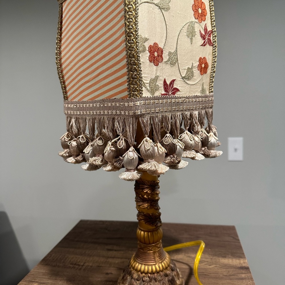 Vintage Shabby Chic Table Lamp, mixed fabric shade, tasseled, gold/brass base - Picture 2 of 6